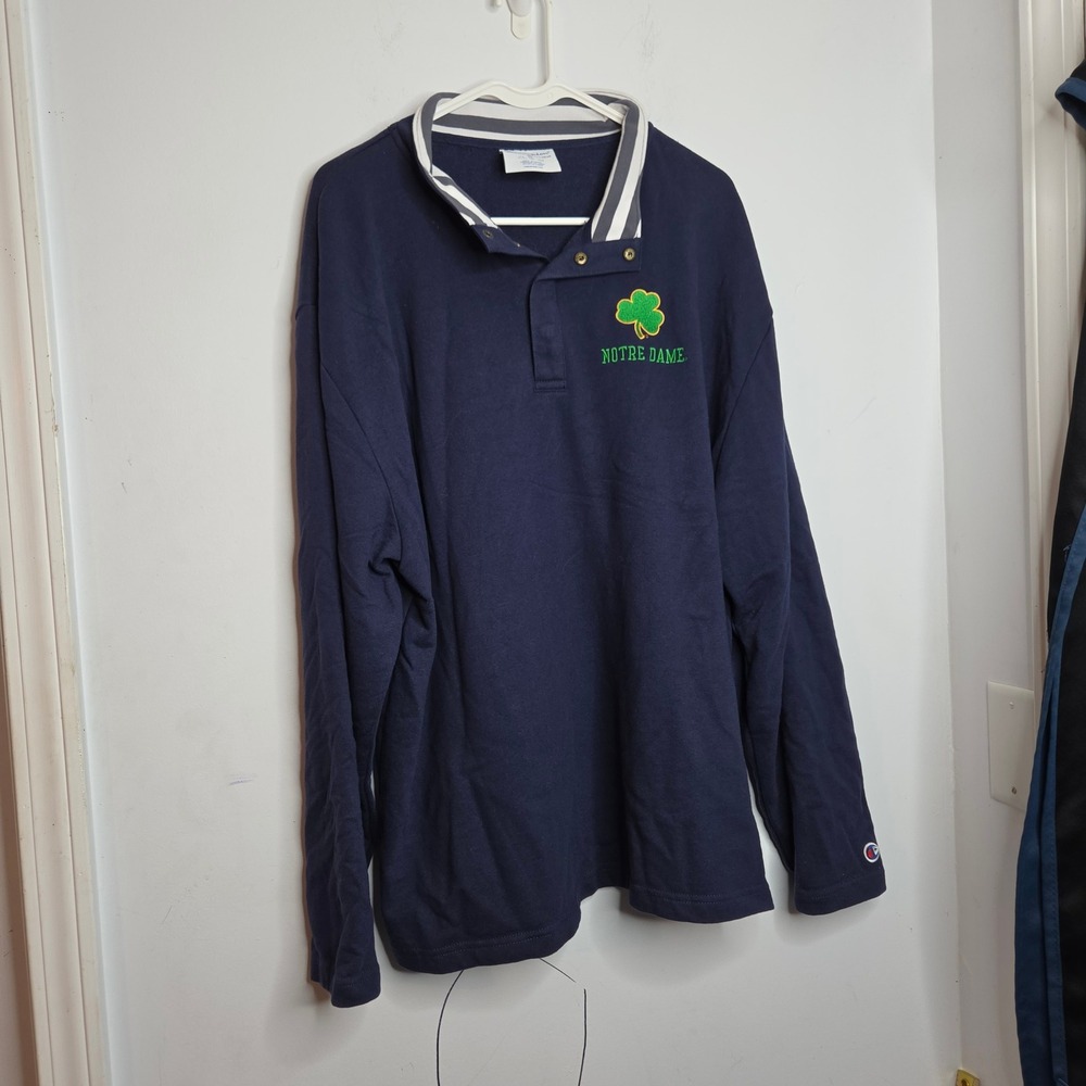 Champion Notre Dame Long Sleeve Polo Shirt Mens XL Navy Blue Shamrock Logo